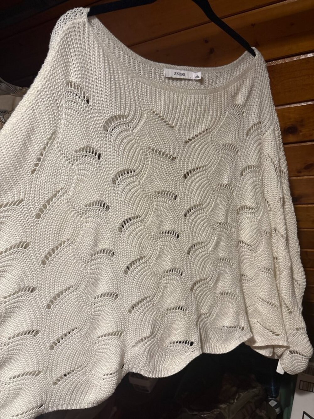 JustFab Ivory Open Knit Poncho Sweater Size L Oversized Boho Coastal Grandmother